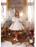 Puff Sleeves Ivory Beaded Satin Short Flower Girl Dress